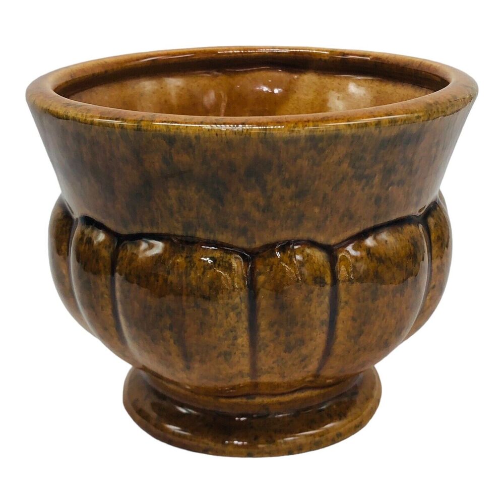 Vintage Haeger Melon Planter Golden Yellow & Brown Gloss Drip Glaze #667